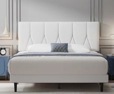 King Bed Frame, White, Upholstered Wooden Slat Bed Frame with Headboard, Easy Assembly, Underbed Storage, No Box Spring Needed 150 200