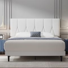King Bed Frame, White, Upholstered Wooden Slat Bed Frame with Headboard, Easy Assembly, Underbed Storage, No Box Spring Needed 150 200