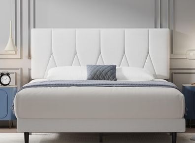 King Bed Frame, White, Upholstered Wooden Slat Bed Frame with Headboard, Easy Assembly, Underbed Storage, No Box Spring Needed 150 200