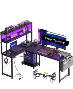 L Shaped Gaming Desk with LED Lights & Power Outlet