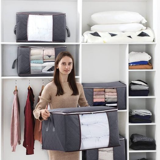 NEW SALE | 3 Pack 90L Clothes Storage Bags Large Storage Box with Lid Packing Boxes for Moving House with Reinforced Handle Thick Fabric Clear Window for Clothes Duvet Blankets Bedding, Grey