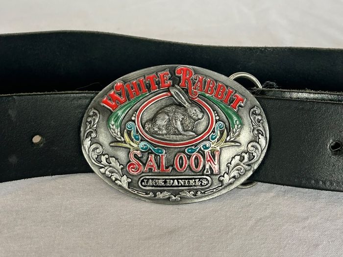 Vintage Jack Daniel's White Rabbit Saloon Belt Buckle + Leather Belt - 1970s