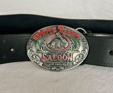 Vintage Jack Daniel's White Rabbit Saloon Belt Buckle + Leather Belt - 1970s