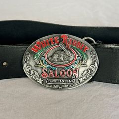 Vintage Jack Daniel's White Rabbit Saloon Belt Buckle + Leather Belt - 1970s