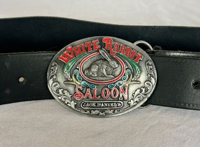Vintage Jack Daniel's White Rabbit Saloon Belt Buckle + Leather Belt - 1970s