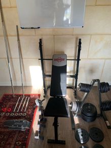 Home Gym, weights, bench, and misc