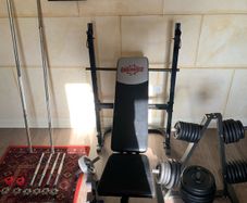 Home Gym, weights, bench, and misc