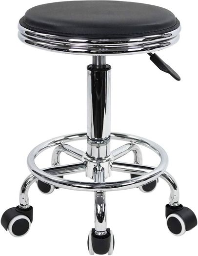 NEW SALE | Round Rolling Stool with Foot Rest PU Leather Height Adjustment Modern Industrial Metal Style Swivel Spa Salon Tattoo Work Massage Stools Small
