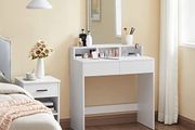 Dressing Table with Rectangular Mirror and 2 Drawers Cosmetic Table with 3 Open Compartments Dressing Table for Makeup Modern