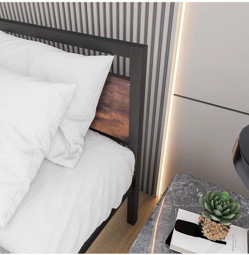 King Size Bed Frame with Wood Headboard,Heavy Duty Metal Platform