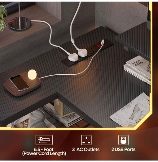 106.5CM L-Shaped Gaming Desk with RGB LED Lights Carbon Fibre Surface, 3 Power Outlets & 2 USB Ports, Reversible Corner Desk with Shelves & Hooks for Home Office & Small Spaces