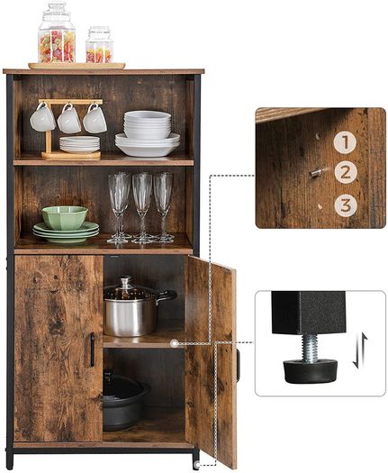 Bookcase, Book Cabinet, Office Shelf, Kitchen Cabinet with 2 Open Compartments, Adjustable Shelf in Cupboard, Multifunctional, Industrial Design, Vintage Brown/Black