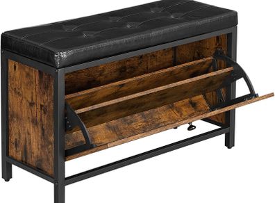 _Shoe Bench Padded Shoe Organiser with Flap Shoe Cabinet for 6 Pairs of Shoes Steel Frame Industrial Design Vintage Brown/Black