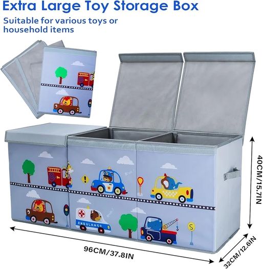Extra Large Kids Toy Storage Box with Lid,Foldable Oxford Toy Storage Organizer Box for Boys 96/32/40cm Toy Chest with Handles for Bedroom Nursery,Animal Car