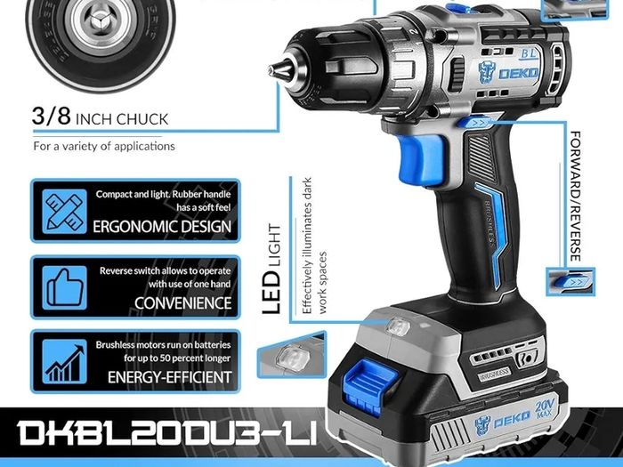 13Pc Cordless Drill Driver 20V-Max Lithium-Ion Combi Drill, Electric Screwdriver, Accessory Kit, LED Work Light (2 x Battery)