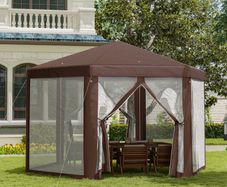 Hexagonal Garden Gazebo - Patio Party Outdoor Canopy Tent Sun Shelter with Mosquito Netting and Zipped Door, Brown