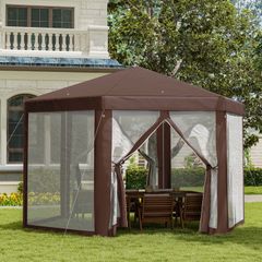 Hexagonal Garden Gazebo - Patio Party Outdoor Canopy Tent Sun Shelter with Mosquito Netting and Zipped Door, Brown