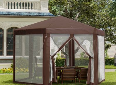 Hexagonal Garden Gazebo - Patio Party Outdoor Canopy Tent Sun Shelter with Mosquito Netting and Zipped Door, Brown