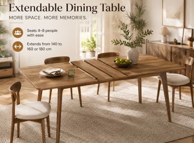 Extendable Wooden Dining Table 140 - 80cm -Seats 4 -8 People