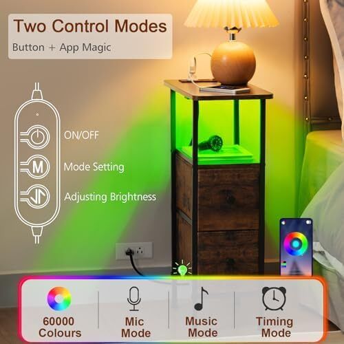 Slim Bedside Table Set of 2 with Charging Station