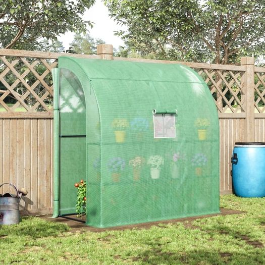 Lean to Wall Greenhouse with 2 Tiers 4 Wired Shelves, Walk-In Plant Shelter with Mesh Windows and Doors, 200L x 100W x 215Hcm, Green