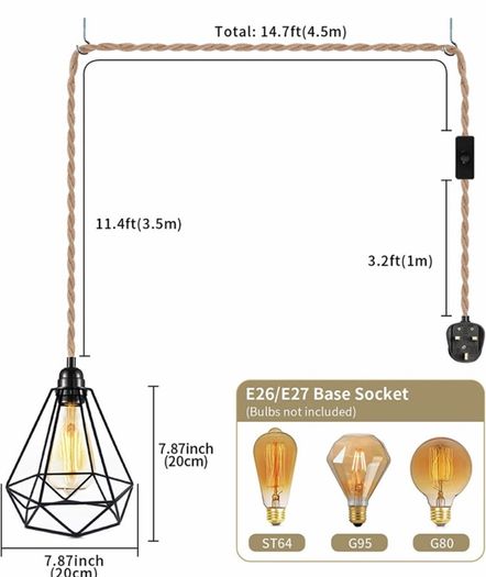 Plug in Pendant Light - Industrial Black 4.5m(15ft) Pendant Light Fitting, Hemp Rope Light Cord Metal Lampshade (MULTIPLE COLOURS AVAILABLE)