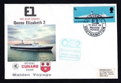 1969 Great Britain Cover Celebrating the Maiden Voyage of The New Cunard Queen Elizabeth 2 with paquebot cancel from Southampton tying stamp with Posted on board cancel