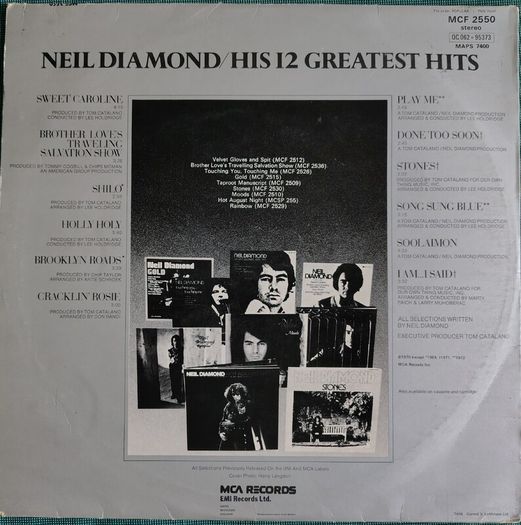 Neil Diamond - His 12 Greatest Hits Vinyl LP (1974) UK Pressing Black MCA Labels Pop Rock Vocal VG+