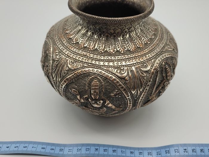 Antique Asian / Oriental White Metal Jar / Vase 19th Century Hand Decorated