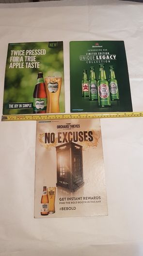 3 x advertising show cards ,,nice condition,,collectors item,,price includes post to anywhere in ireland thank you, take as is,some wear ,,applemans,Heineken, orchards thieves,,