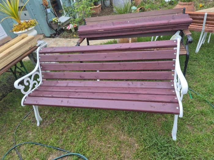 Garden Bench Cast iron fully restored seat outside outdoor garden sitting treated timber decorations, furniture patio  decking, home house cottage ignore flowers pots plants, garden statue chair  swing patio heater bbq hammock sun  farm shop gift
