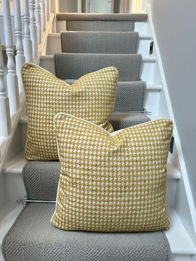 Handmade Mustard Yellow Houndstooth Cushion Covers with Cream Piping  Pair, 20 x 20 Inches
