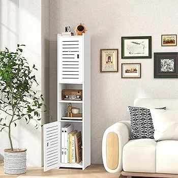 Tall Bathroom Storage Cabinet, Floor Free Standing Display Cabinet, Slim Storage Furniture Organizer Unit for Office Living Room Kitchen Entryway Toilet Paper, White