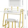 Makeup Table with Mirror and Stool, Vanity Dressing Table Set with 3 Color Adjustable Brightness LED Lights, 2 Large Storage Drawers and Metal Frame for Bedroom, White and Gold Image 7