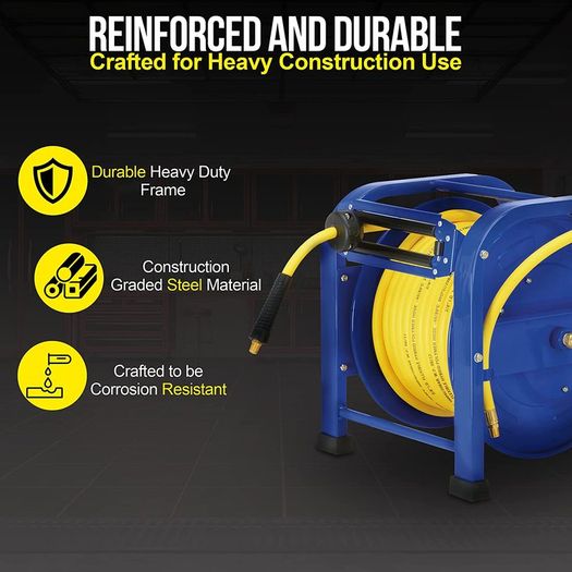 Air Hose Reel Retractable 9.5mm x 30m 20BAR Max SBR Rubber Hose Heavy Duty Portable Quad Pod Industrial Steel Construction