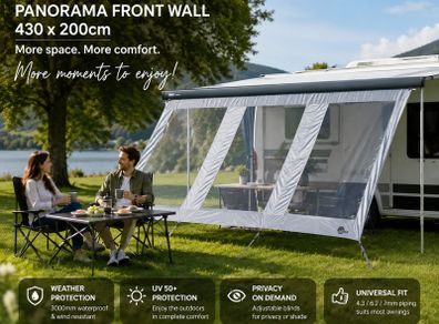 Caravan Awning Panorama Front Wall 430 x 200cm Waterproof with 3 Panoramic Windows