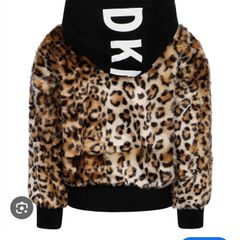 Dkny girls jumper fur hoodie jacket coat leopard crop 5 -6 + pink raincoat bundle