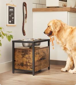 Raised Dog Bowl for Large Dogs, Feeding Bowl with Frame, Raised Feeding Bowl with Drawer, Feeding Station, 2 Bowls, 39 cm High, Vintage Brown