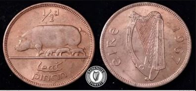 [#2516] - Ireland 1967 | Irish 1/2d | Irish Half Penny | KM.10 | UNC