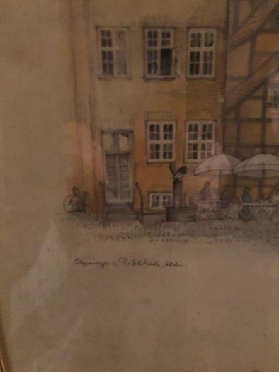 Mads Stage Danish Artist Watercolor Print Lithograph Cafe Buildings