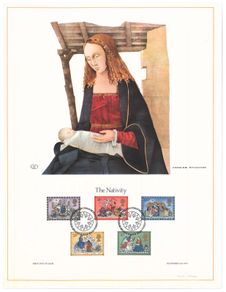 1979 Great Britain Limited Edition Lithographed Print measuring 333mm X 257mm showing Christmas (The Nativity) commemorative stamps with First Day of Issue Cancel