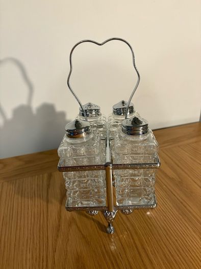 Vintage 4 piece Glass Cut Cruet Set, with Silver Plated Stand
