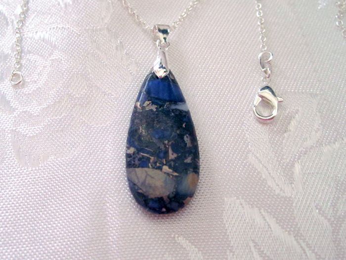 Gemstone Small  Drop Blue Faux Agate Pendant with silver plated necklace