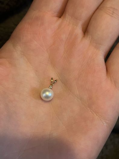 Small pearl pendant or charm with solid yellow 14k gold and a tiny diamond (real) not lab grown