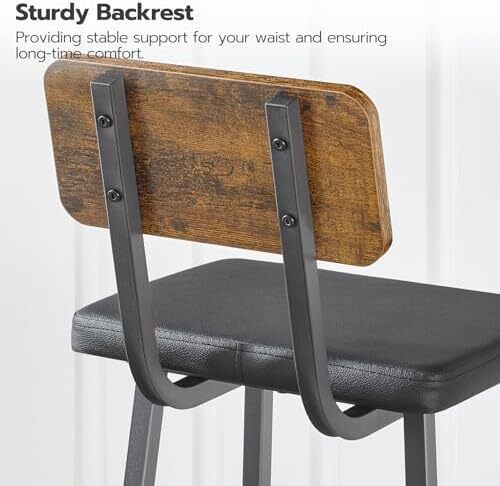 Bar Stools Set of 2, PU Upholstered Breakfast Bar Stools, Industrial Barstools with Backrest and Footrests, Bar Chairs for Kitchen, Dining Room, Bar, Rustic Brown and Black