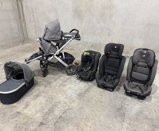 Uppababy Vista twin buggy and three Joie car seats