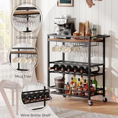3-Tier Drinks Trolley on Wheels, Kitchen Serving Trolleys with Wine Rack, Rolling Beverage Cart with Shelves and Handle