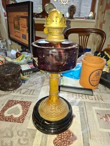 Beautiful Antique Oil Lamp Deep Purple Glass Reservoir, typical of Victorian Era Postage Available
