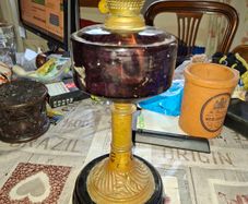 Beautiful Antique Oil Lamp Deep Purple Glass Reservoir, typical of Victorian Era Postage Available
