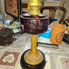 Beautiful Antique Oil Lamp Deep Purple Glass Reservoir, typical of Victorian Era Postage Available